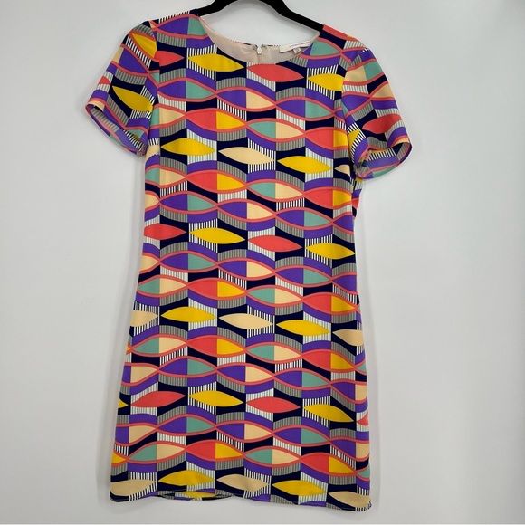 Lavender Brown Retro Multicolor Short Sleeve Mini Dress Shift Geometric XS - Picture 3 of 6
